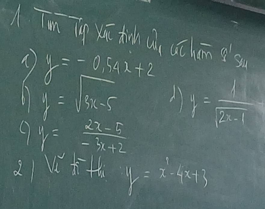 Tun ǐg xū thin ǒúu uō hān gs
y=-0.54x+2
61 y=sqrt(3x-5)
y= 1/sqrt(2x-1) 
9y= (2x-5)/-3x+2 
y=x^2-4x+3