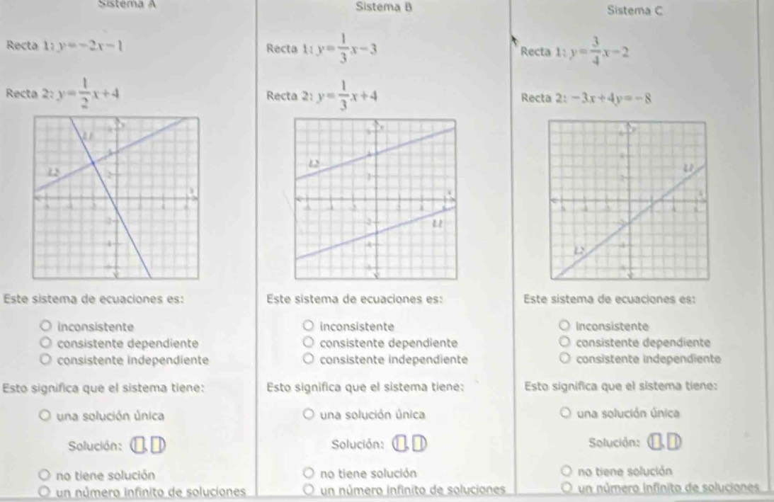 Sistema A Sistema B Sistema C
Recta 1: y=-2x-1 Recta 11y= 1/3 x-3 Recta l:y= 3/4 x-2
Recta 2:y= 1/2 x+4 Recta 2:y= 1/3 x+4 Recta 2: -3x+4y=-8
Este sistema de ecuaciones es: Este sistema de ecuaciones es: Este sistema de ecuaciones es:
inconsistente inconsistente Inconsistente
consistente dependiente consistente dependiente consistente dependiente
consistente independiente consistente independiente consistente independiente
Esto significa que el sistema tiene: Esto significa que el sistema tiene: Esto significa que el sistema tiene:
una solución única una solución única una solución única
Solución: Solución: □ . D Solución:
no tiene solución no tiene solución no tiene solución
un número infinito de soluciones un número infinito de soluciones un número infinito de soluciones