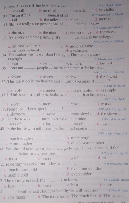 Mrs Azza is tall, but Mrs Fareeda is _. T-TE alanil Guà - ayjáil
a. less tall b. more tall c. more taller d. less taller
31. The giraffe is _animal of all  (FTpilu Yu - Súall jáS)
a . tall b. the tallest c. taller d. more tall
32. She is a really nice person; one of _people I know.
a. the nicer b. the nice c. the most nice F『P Judsu -yo - aimäxil) d. the nicest
33. It's a very valuable painting. It’s _painting in the gallery.
a. the most valuable b. more valuable (T·TP ¡athu Cign - älmäal0)
c. the more valuable d. a valueless
34. The station was nearer than I thought. The station wasn’t_
I thought.
a. near b. far as c. as far as [F-TE Juda Cuo - a [aōs]I]
d. farthest
35. There are _people at the meeting than at the last one.
(T-TP [uulu Cun -  6sā])
a. fewer b. fewest c. few d. the fewest
36. This question is too hard to grasp. Can’t you make it _?
[ǐTr aóq] - buos
a. simply b. simpler c. more simpler d. as simple
37. I think she is still ill. She looks even _than last week.
(F-TP ulbe - Lall)
a. worst b. more c. most d. worse
38. Please, could you speak _? (FFPsgiUll uUy| - aysyll)
a. slowness b. slowest c. more slowly d. the slowest
39. Her dress was  _more expensive than mine. (FTP cus[u - 6psul)
a. lots of b. a lot c. a lot of d. few
40. In the last few months, competition has become _。
(ΓTP ābuuig|| - cág yu)
a. much tougher b. more tough
c. more tougher d. much more tougher
41. You should take two aspirins and go to bed. I ’m sure you will feel
_better in the morning. (T-TE дμgnsnl| - äμll)
a. most b. more c. a lot d. as
42. Yesterday was cold but today is _Γ-T ylas pou-ià)
a. much more cold b. even more colder
c. such a cold d. even colder
3. The more you read, the _you know. d. more (Γ-TE こuSlμù - äycall)
a. less b. most c. best
4. _food he eats, the less healthy he will become. [F-FE gó,sǐ - yig,ì]
_
a. The faster b. The more fast c. The much fast d. The fastest