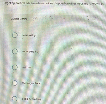 Targeting political ads based on cookies dropped on other websites is known as
Multiple Choice
remarketing.
e-campaigning.
netroots.
the blogosphere.
social networking.