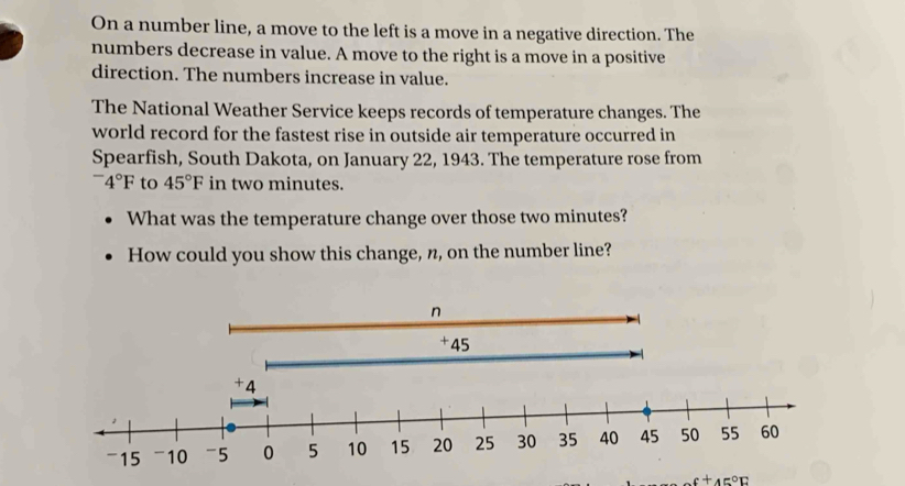 On a number line, a move to the left is a move in a negative direction. The 
numbers decrease in value. A move to the right is a move in a positive 
direction. The numbers increase in value. 
The National Weather Service keeps records of temperature changes. The 
world record for the fastest rise in outside air temperature occurred in 
Spearfish, South Dakota, on January 22, 1943. The temperature rose from^-4°F to 45°F in two minutes. 
What was the temperature change over those two minutes? 
How could you show this change, n, on the number line?
£^circ F