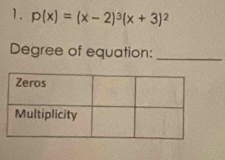 p(x)=(x-2)^3(x+3)^2
Degree of equation:_