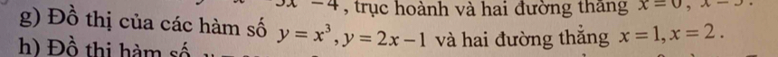 trục hoành và hai đường thăng x=0, x-3
g) Đồ thị của các hàm số 
h) Đồ thi hàm số y=x^3, y=2x-1 và hai đường thắng x=1, x=2.