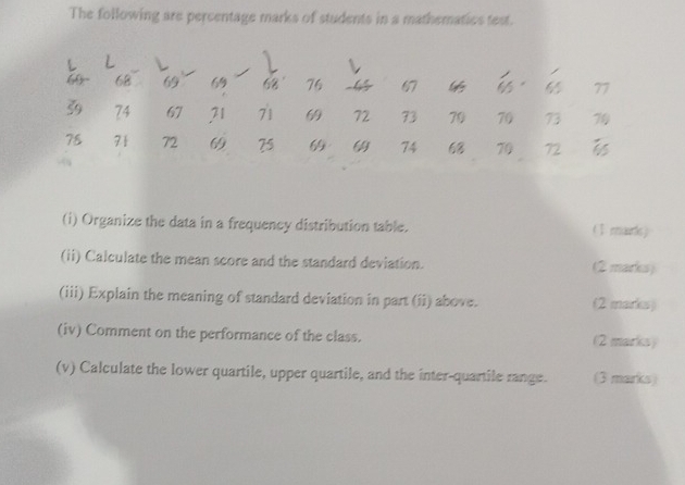 The following are percentage marks of students in a mathematies test. 
L
6 68 69 6 68 76 67 6 65 77
39 74 67 21 71 6 72 73 70 70 73 7
78 71 72 69 75 69 74 68 70 72
(i) Organize the data in a frequency distribution table. 1 emards ) 
(ii) Calculate the mean score and the standard deviation. (2 marks) 
(iii) Explain the meaning of standard deviation in part (ii) above. (2 marks) 
(iv) Comment on the performance of the class. (2 marks ) 
(v) Calculate the lower quartile, upper quartile, and the inter-quartile range. (3 marks)