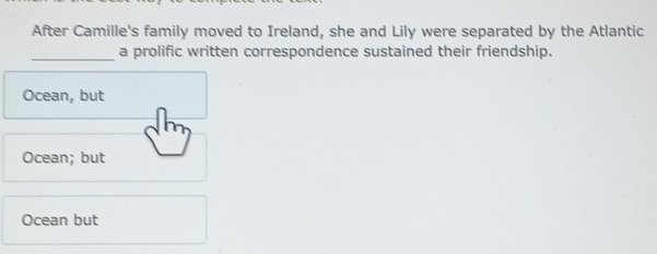 After Camille's family moved to Ireland, she and Lily were separated by the Atlantic
_a prolific written correspondence sustained their friendship.
Ocean, but
Ocean; but
Ocean but