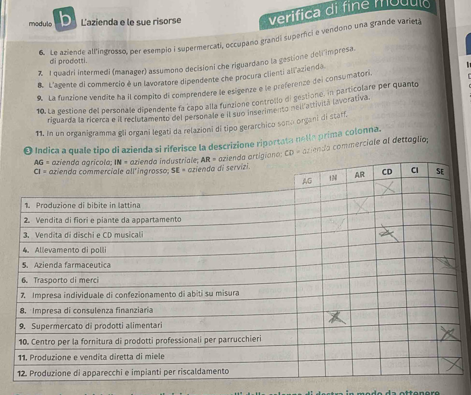 modulo b L'azienda e le sue risorse
verifica di fine módulo
6. Le aziende all’íngrosso, per esempio í supermercati, occupano grandì superfici e vendono una grande varieta
di prodotti.
7.I quadri intermedi (manager) assumono decisioni che riguardano la gestione dell’impresa.
8. L'agente di commercio è un lavoratore dipendente che procura clienti all’azienda
 
9. La funzione vendite ha il compito di comprendere le esigenze e le preferenze dei consumatori
10. La gestione del personale dipendente fa capo alla funzione controllo di gestione, in particolare per quanto
riguarda la ricerca e il reclutamento del personale e il suo inserimento nell'attività lavorativa.
11. In un organigramma gli organi legati da relazioni di tipo gerarchico sonó organi di staff.
O Indica a quale tipo di azienda si riferisce la descrizione riportata nella prima colonna.
CD= azienda commerciale al dettaglio;