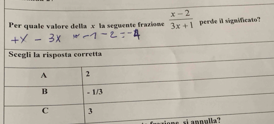 Per quale valore della x la seguente frazione  (x-2)/3x+1  perde il significato? 
one si annulla?