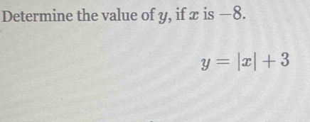 Determine the value of y, if x is −8.
y=|x|+3