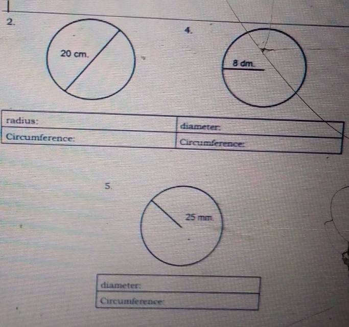 radius: diameter: 
Circumference: Circumference: 
5. 
diameter: 
Circumference