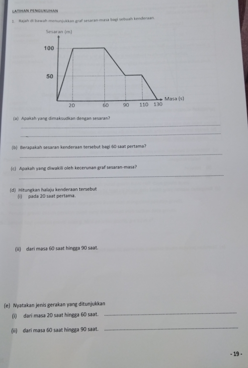 LATIHAN PENGUKUHAN 
1. Rajah di bawah menunjukkan graf sesaran-masa bagi sebuah kenderaan. 
(a) Apakah yang dimaksudkan dengan sesaran? 
_ 
_ 
(b) Berapakah sesaran kenderaan tersebut bagi 60 saat pertama? 
_ 
_ 
(c) Apakah yang diwakili oleh kecerunan graf sesaran-masa? 
(d) Hitungkan halaju kenderaan tersebut 
(i) pada 20 saat pertama. 
(ii) dari masa 60 saat hingga 90 saat. 
(e) Nyatakan jenis gerakan yang ditunjukkan 
(i) dari masa 20 saat hingga 60 saat. 
_ 
(ii) dari masa 60 saat hingga 90 saat. 
_ 
- 19 -