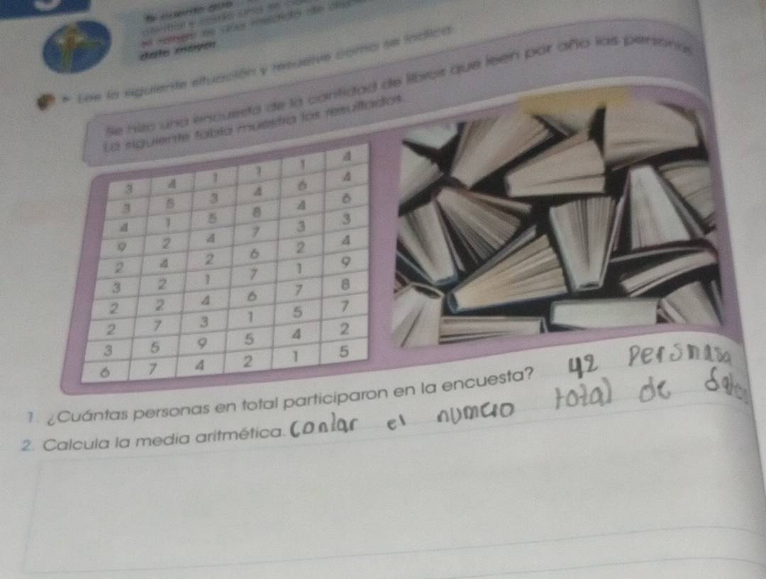 cate movon 
* Lne la sigulente eituación y rsuaive como se indica 
e hio una encuesta de la contidad de libros que leen por año las pensona 
muestra los resultados 
¿Cuántas personas en total particip en la encuesta? 
2. Calcula la media aritmética.