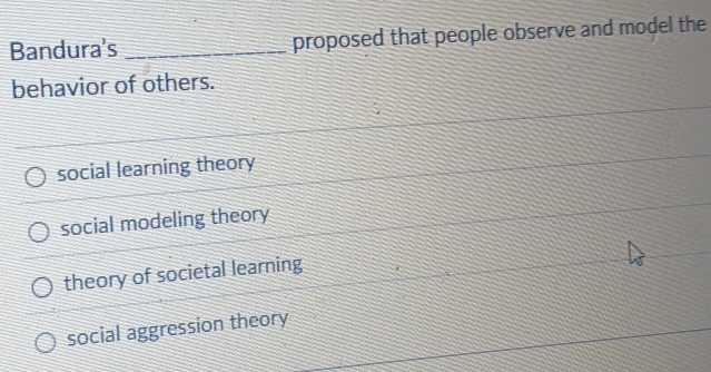 Bandura's _proposed that people observe and model the
behavior of others.
social learning theory
social modeling theory
theory of societal learning
social aggression theory