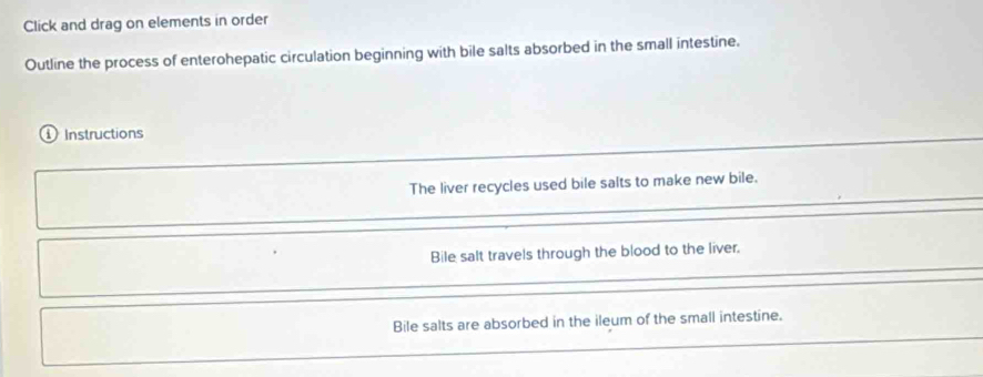 Click and drag on elements in order 
Outline the process of enterohepatic circulation beginning with bile salts absorbed in the small intestine. 
① Instructions 
The liver recycles used bile salts to make new bile. 
Bile salt travels through the blood to the liver. 
Bile salts are absorbed in the ileum of the small intestine.