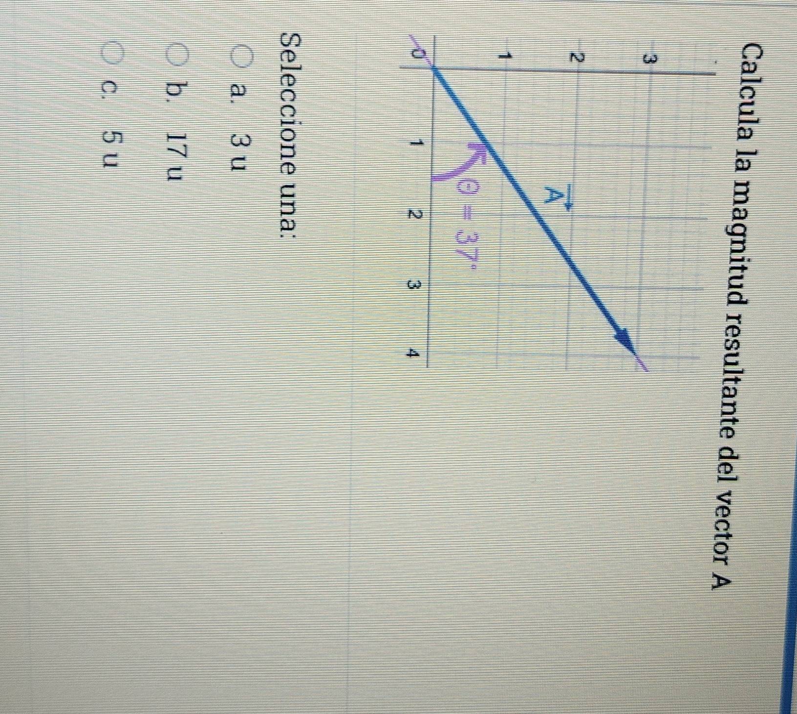 Calcula la magnitud resultnte del vector A
Seleccione una:
a. 3 u
b. 17 u
c. 5 u