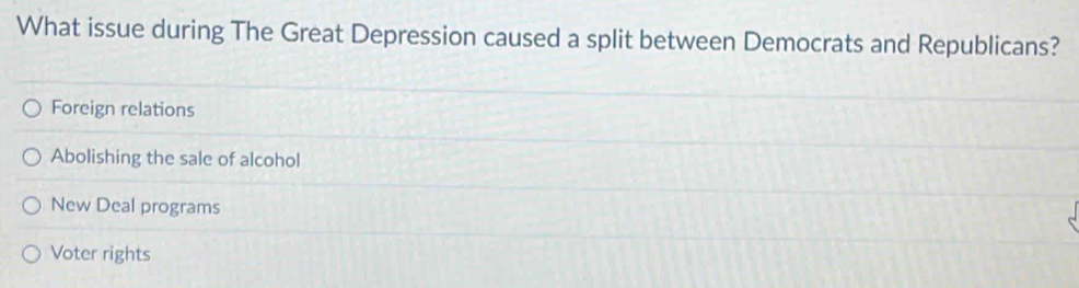 What issue during The Great Depression caused a split between Democrats and Republicans?
Foreign relations
Abolishing the sale of alcohol
New Deal programs
Voter rights
