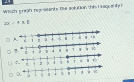 Which graph represents the solution this inequality?
2x-4≥ 8
A. 
B. 3