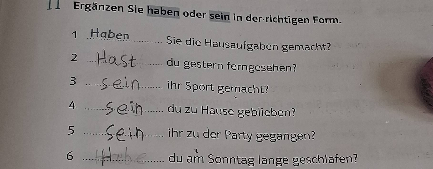 ↓ ↓ Ergänzen Sie haben oder sein in der richtigen Form. 
1 Haben 
_Sie die Hausaufgaben gemacht? 
_2 
du gestern ferngesehen? 
3 _ihr Sport gemacht? 
4. _du zu Hause geblieben? 
5 __ihr zu der Party gegangen? 
_6 
du am Sonntag lange geschlafen?