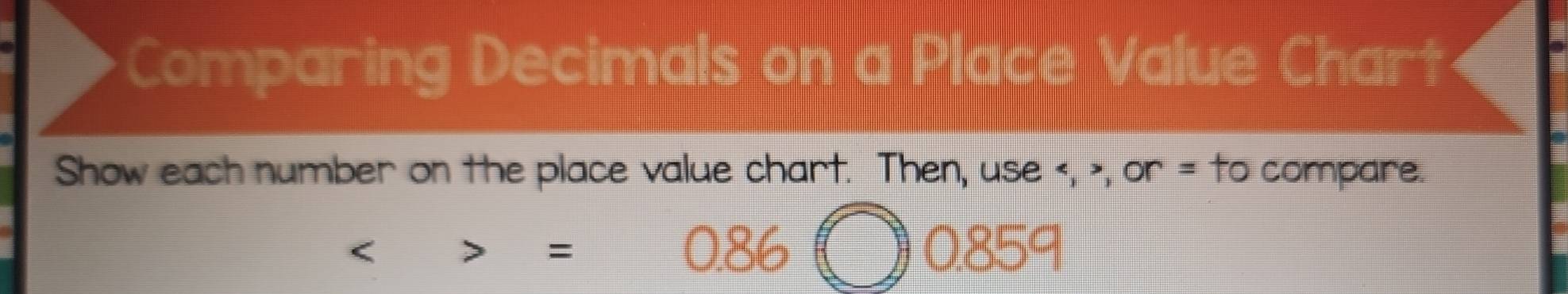 Comparing Decimals on a Place Value Chart 
Show each number on the place value chart. Then, use , , or = to compare.

=