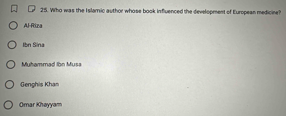 Who was the Islamic author whose book influenced the development of European medicine?
Al-Riza
Ibn Sina
Muhammad Ibn Musa
Genghis Khan
Omar Khayyam