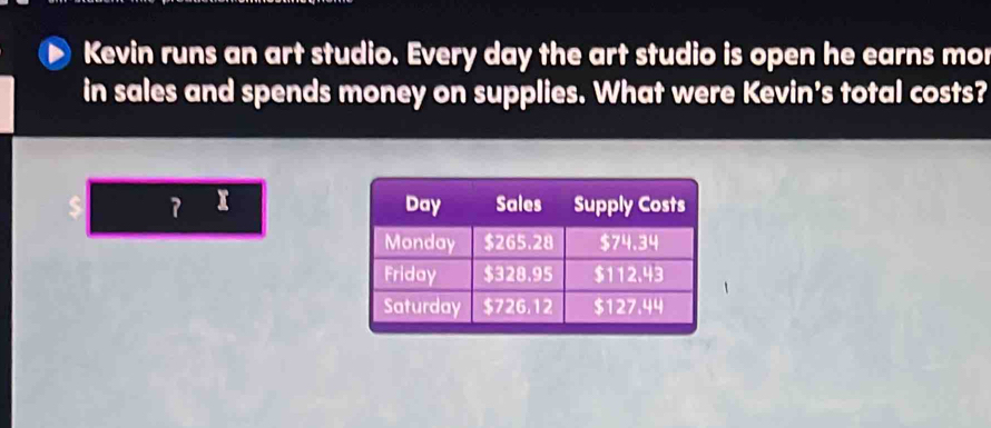 Kevin runs an art studio. Every day the art studio is open he earns mor 
in sales and spends money on supplies. What were Kevin's total costs?
7