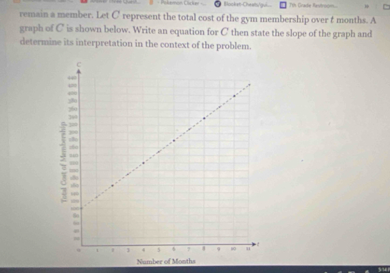 Pokemon Clicker Blooket-Cheats/gui. 7th Grade Restroom... 
remain a member. Let C' represent the total cost of the gym membership over t months. A 
graph of C is shown below. Write an equation for C then state the slope of the graph and 
determine its interpretation in the context of the problem. 
Number