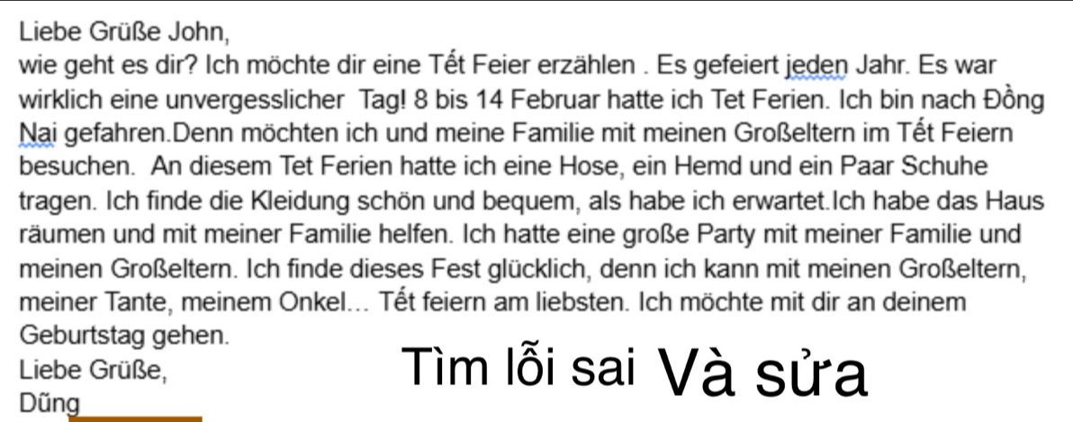 Liebe Grüße John, 
wie geht es dir? Ich möchte dir eine Tết Feier erzählen . Es gefeiert jeden Jahr. Es war 
wirklich eine unvergesslicher Tag! 8 bis 14 Februar hatte ich Tet Ferien. Ich bin nach Đồng 
Nai gefahren.Denn möchten ich und meine Familie mit meinen Großeltern im Tết Feiern 
besuchen. An diesem Tet Ferien hatte ich eine Hose, ein Hemd und ein Paar Schuhe 
tragen. Ich finde die Kleidung schön und bequem, als habe ich erwartet.Ich habe das Haus 
räumen und mit meiner Familie helfen. Ich hatte eine große Party mit meiner Familie und 
meinen Großeltern. Ich finde dieses Fest glücklich, denn ich kann mit meinen Großeltern, 
meiner Tante, meinem Onkel... Tết feiern am liebsten. Ich möchte mit dir an deinem 
Geburtstag gehen. 
Liebe Grüße, Tìm lỗi sai Và sửa 
Dũng