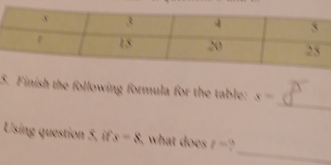 Finish the following formula for the table: x=
_ 
Using question 5, ifs=8, what does p= ``