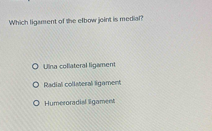 Solved: Which ligament of the elbow joint is medial? Ulna collateral ...