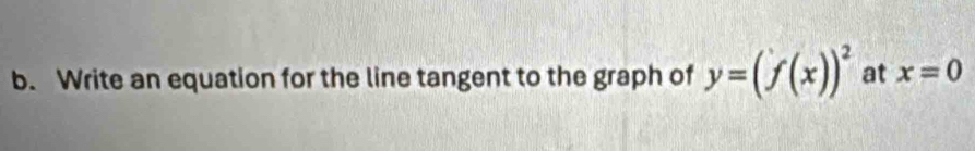 Write an equation for the line tangent to the graph of y=(f(x))^2 at x=0