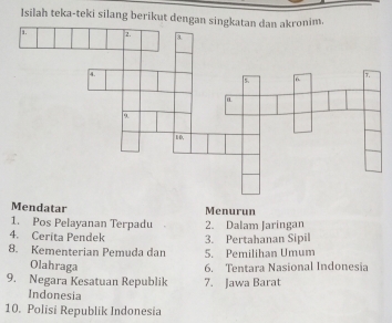 Isilah teka-teki silang berikut dengan s 
Mendatar Menurun 
1. Pos Pelayanan Terpadu 2. Dalam Jaringan 
4. Cerita Pendek 3. Pertahanan Sipil 
8. Kementerian Pemuda dan 5. Pemilihan Umum 
Olahraga 6. Tentara Nasional Indonesia 
9. Negara Kesatuan Republik 7. Jawa Barat 
Indonesia 
10. Polisi Republik Indonesia