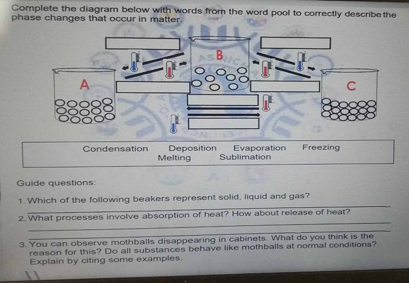 Complete the diagram below with words from the word pool to correctly describe the
phase changes that occur in matter.
Condensation Deposition Evaporation Freezing
Melting Sublimation
Guide questions:
_
1. Which of the following beakers represent solid, liquid and gas?
_
2. What processes involve absorption of heat? How about release of heat?
_
3. You can observe mothballs disappearing in cabinets. What do you think is the
reason for this? Do all substances behave like mothballs at normal conditions?
Explain by citing some examples.