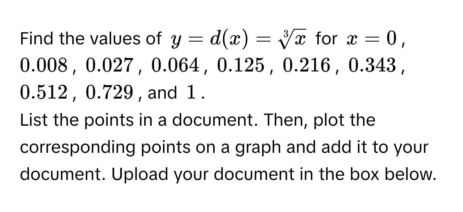 Find the values of $y = d(x) = sqrt[3](x)$ for $x = 0$, $0.008$, $0.027$, $0.064$, $0.125$, $0.216$, $0.343$, $0.512$, $0.729$, and $1$. 
List the points in a document. Then, plot the corresponding points on a graph and add it to your document. Upload your document in the box below.