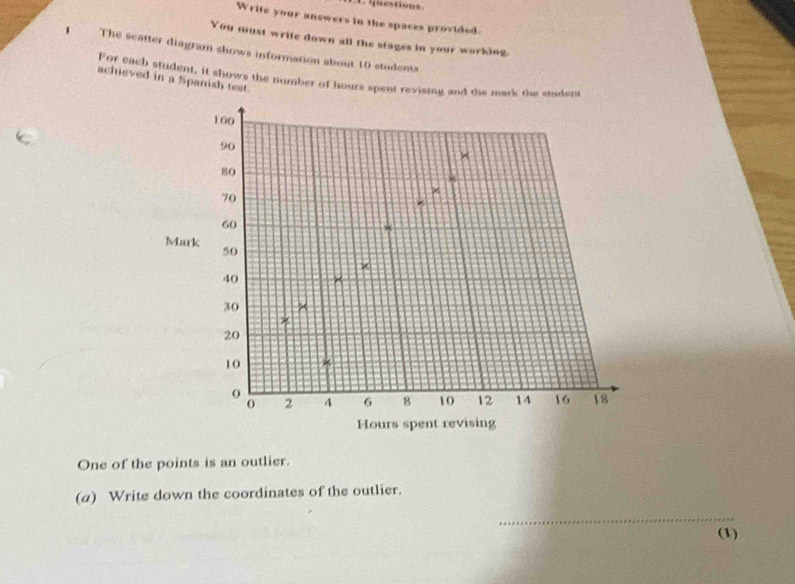 questions. 
Write your answers in the spaces provided. 
You must wrife down all the stages in your working 
1 The scatter diagram shows information about 10 students 
For each student, it shows the number of hours spent revising and the mark the student 
achieved in a Spanish test.
100
90
80
70
60
Mark 50
×
40
30
*
20
10
0
2 4 6 B 10 12 14 16 18
Hours spent revising 
One of the points is an outlier. 
(a) Write down the coordinates of the outlier. 
_ 
(1)