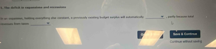 The deficit in expansions and recessions 
In an expansion, holding everything else constant, a previously existing budget surplus will automatically _, partly because total 
revenues from taxes _. 
Save & Continue 
Continue without saving