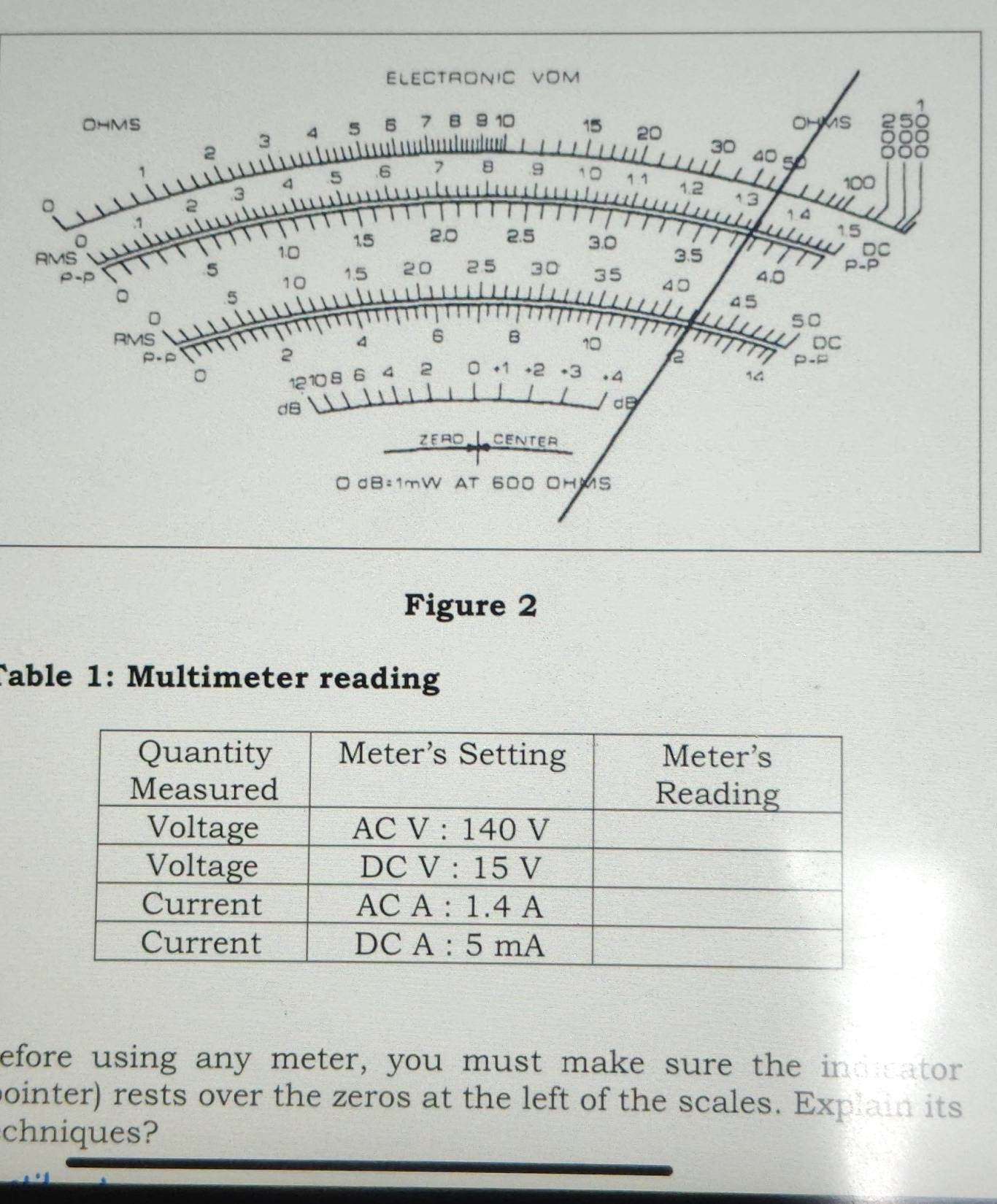 Figure 2 
Table 1: Multimeter reading 
efore using any meter, you must make sure the ind cator 
pointer) rests over the zeros at the left of the scales. Explain its 
chniques?