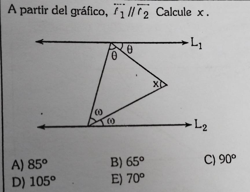 A partir del gráfico, overline f_1//overleftrightarrow r_2 Calcule x .
A) 85^o B) 65° C) 90°
D) 105° E) 70°