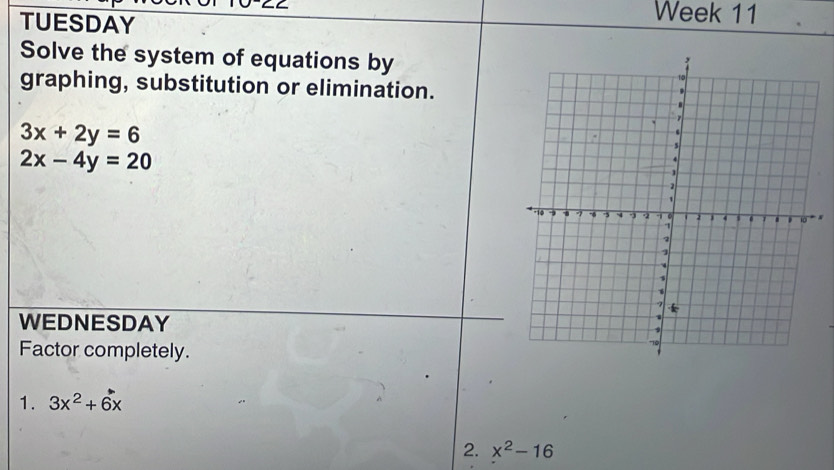 TUESDAY 
Week 11 
Solve the system of equations by 
graphing, substitution or elimination.
3x+2y=6
2x-4y=20
WEDNESDAY 
Factor completely. 
1. 3x^2+6x
2. x^2-16