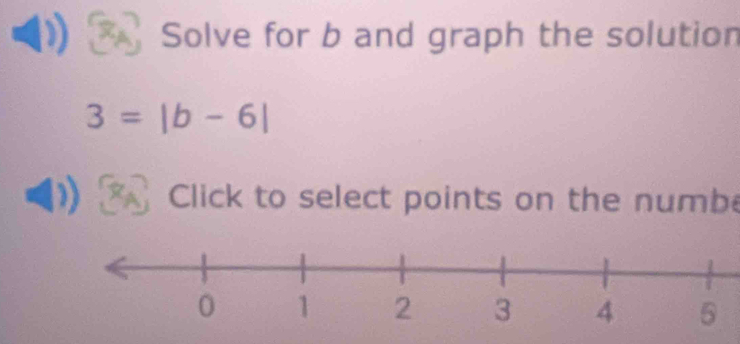 Solve for b and graph the solution
3=|b-6|
Click to select points on the numbe