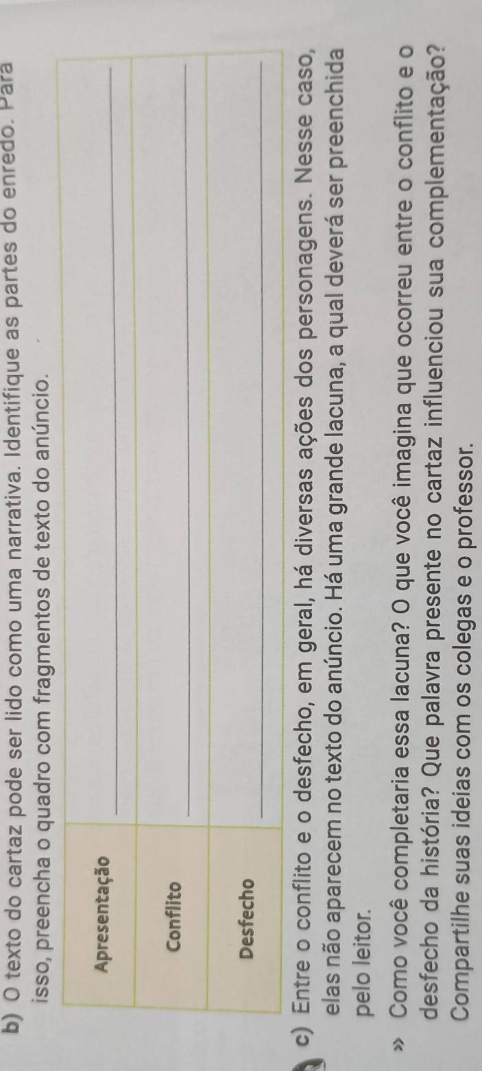 texto do cartaz pode ser lido como uma narrativa. Identifique as partes do enredo. Pará 
isso, preencha o quadro com fragmentos de texto do anúncio. 
Apresentação_ 
_ 
_ 
Conflito 
_ 
_ 
Desfecho 
c) Entre o conflito e o desfecho, em geral, há diversas ações dos personagens. Nesse caso, 
elas não aparecem no texto do anúncio. Há uma grande lacuna, a qual deverá ser preenchida 
pelo leitor. 
Como você completaria essa lacuna? O que você imagina que ocorreu entre o conflito e o 
desfecho da história? Que palavra presente no cartaz influenciou sua complementação? 
Compartilhe suas ideias com os colegas e o professor.