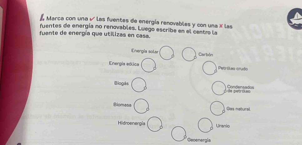 Marca con una ✔ las fuentes de energía renovables y con una X las
fuentes de energía no renovables. Luego escribe en el centro la
fuente de energía que utilizas en casa.
Energía solar Carbón
Energía eólica Petróleo crudo
Biogás Condensados
de petróleo
Biomasa Gas natural
Hidroenergía Uranio
Geoenergía