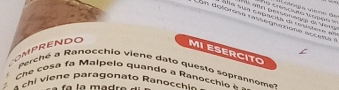 Ss Sãn capnc ia d vo sstete ao me C da 
an delórasa raegnm one socetts . 
COMPRENDO 
MI ESERCITO 
Perché a Ranocchio viene dato questo soprannomet 
Che casa fa Malpelo quando a Ranocchio à 
* chi viene paragonato Ranocchi a