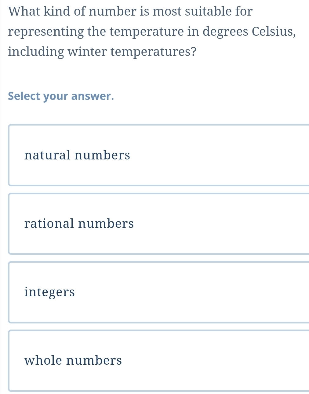 What kind of number is most suitable for
representing the temperature in degrees Celsius,
including winter temperatures?
Select your answer.
natural numbers
rational numbers
integers
whole numbers