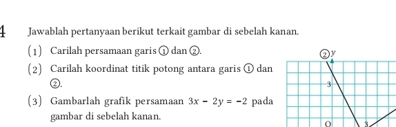 Jawablah pertanyaan berikut terkait gambar di sebelah kanan. 
(1) Carilah persamaan garis ① dan ②. 
(2) Carilah koordinat titik potong antara garis ① dan 
②. 
(3) Gambarlah grafik persamaan 3x-2y=-2 pada 
gambar di sebelah kanan. 
0 3