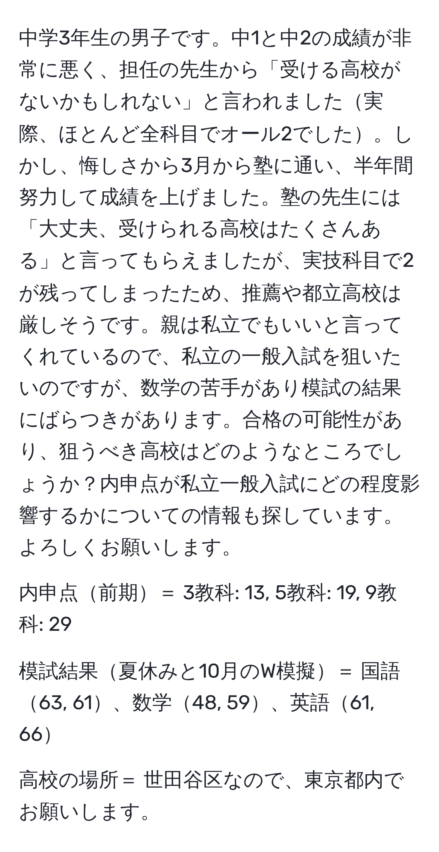 中学3年生の男子です。中1と中2の成績が非常に悪く、担任の先生から「受ける高校がないかもしれない」と言われました実際、ほとんど全科目でオール2でした。しかし、悔しさから3月から塾に通い、半年間努力して成績を上げました。塾の先生には「大丈夫、受けられる高校はたくさんある」と言ってもらえましたが、実技科目で2が残ってしまったため、推薦や都立高校は厳しそうです。親は私立でもいいと言ってくれているので、私立の一般入試を狙いたいのですが、数学の苦手があり模試の結果にばらつきがあります。合格の可能性があり、狙うべき高校はどのようなところでしょうか？内申点が私立一般入試にどの程度影響するかについての情報も探しています。よろしくお願いします。  

内申点前期＝ 3教科: 13, 5教科: 19, 9教科: 29  

模試結果夏休みと10月のW模擬＝ 国語63, 61、数学48, 59、英語61, 66  

高校の場所＝ 世田谷区なので、東京都内でお願いします。