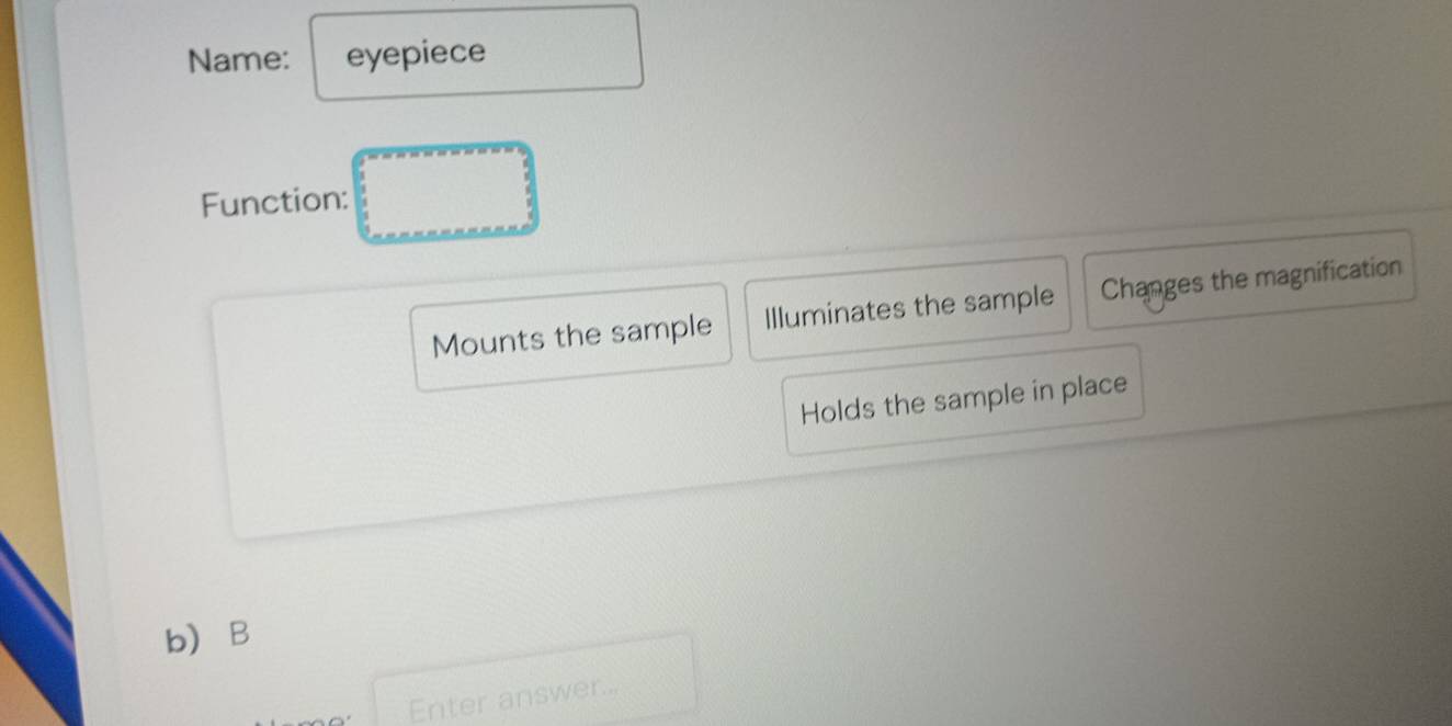 Name: eyepiece 
Function: 
Mounts the sample Illuminates the sample Changes the magnification 
Holds the sample in place 
b B 
Enter answer...