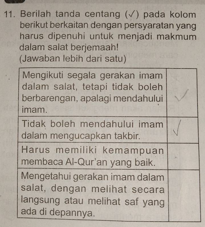 Berilah tanda centang (√) pada kolom 
berikut berkaitan dengan persyaratan yang 
harus dipenuhi untuk menjadi makmum 
dalam salat berjemaah! 
(Jawaban lebih dari satu)