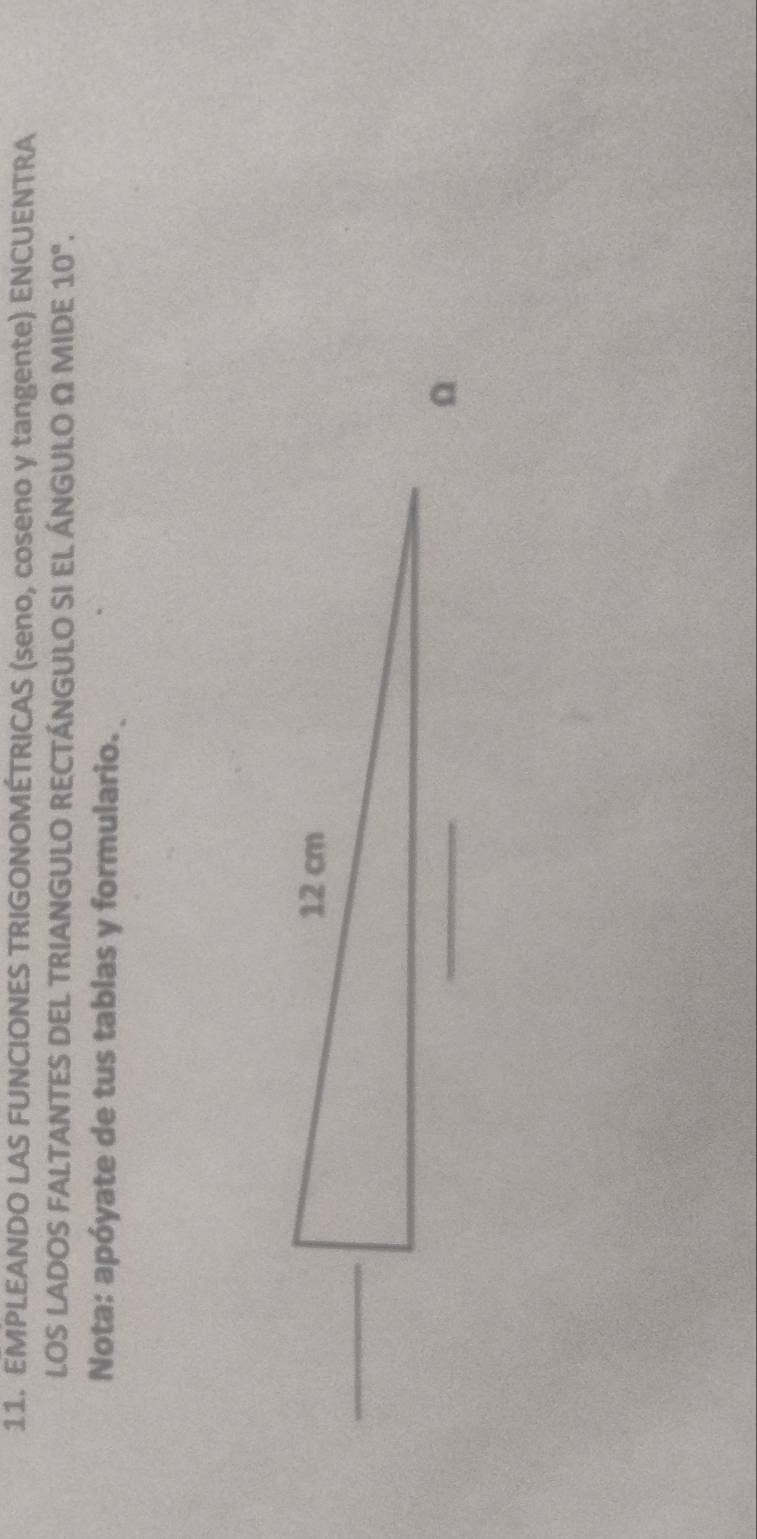 EMPLEANDO LAS FUNCIONES TRIGONOMÉTRICAS (seno, coseno y tangente) ENCUENTRA 
LOS LADOS FALTANTES DEL TRIANGULO RECTÁNGULO SI EL ÁNGULO Ω MIDE 10°. 
Nota: apóyate de tus tablas y formulario.