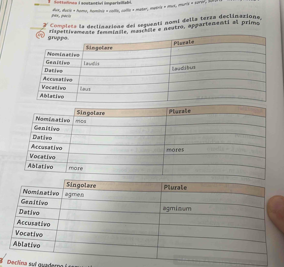 Sottolinea i sostantivi imparisillabi. 
dux, ducis « homo, hominis * collis, collis * mater, matris * mus, muris * soror, sorol 
pax, pacis 
7 Completa la declínazione dei seguenti nomi della terza declinazione, 
risp maschile e neutro, appartenenti al primo 
eclina sul qua dern o