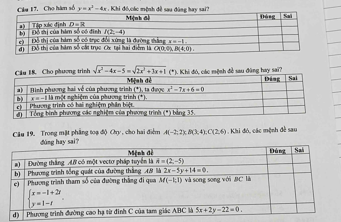 Cho hàm số y=x^2-4x. Khi đó,các mệnh đề sau đúng hay sai?
Câu 18. Cho phương trình sqrt(x^2-4x-5)=sqrt(2x^2+3x+1) (*). Khi đó, các mệnh đề sau đúng hay sai?
Câu 19. Trong mặt phẳng toạ độ Oxy , cho hai điểm A(-2;2);B(3;4);C(2;6). Khi đó, các mệnh đề sau
dúng hay sai?