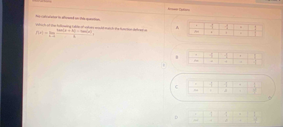 tructions
Answer Options
No calculator is allowed on this question. 
Which of the following table of values would match the function defined as A
f(x)=limlimits _xto 0 (tan (x+h)-tan (x))/h 
B
C
D